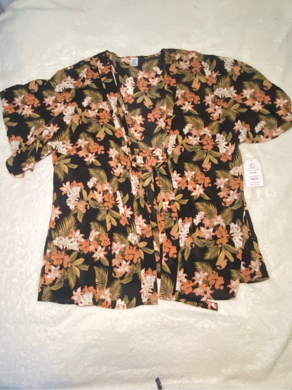 Time and Tru Black Floral Tie-Front Swim Coverup with Peach & Olive
